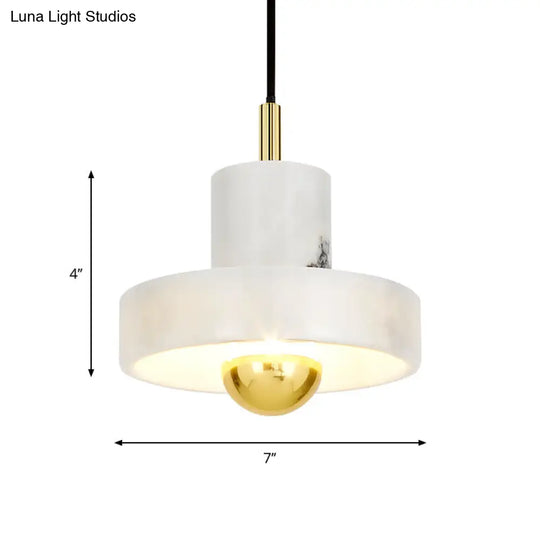 Minimalist Pot-Lid Pendant Marble Dining Room Light In White/Brass - 1-Bulb Suspension