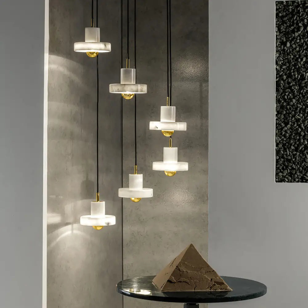 Sleek Minimalist Pendulum Light Marble 1-Bulb Dining Room Pendant In White & Brass