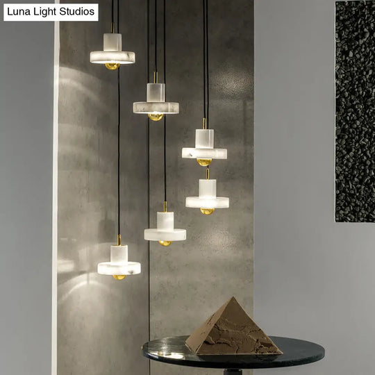 Minimalist Pot-Lid Pendant Marble Dining Room Light In White/Brass - 1-Bulb Suspension White