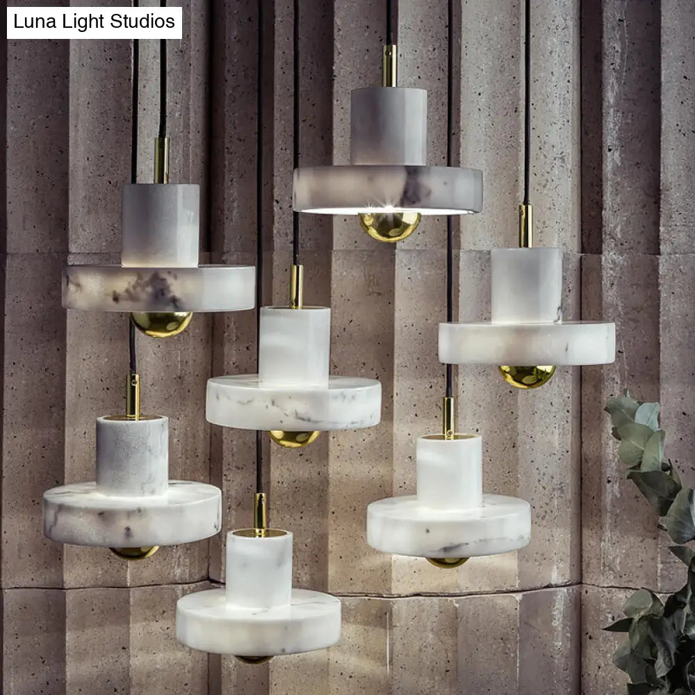 Minimalist Pot-Lid Pendant Marble Dining Room Light In White/Brass - 1-Bulb Suspension