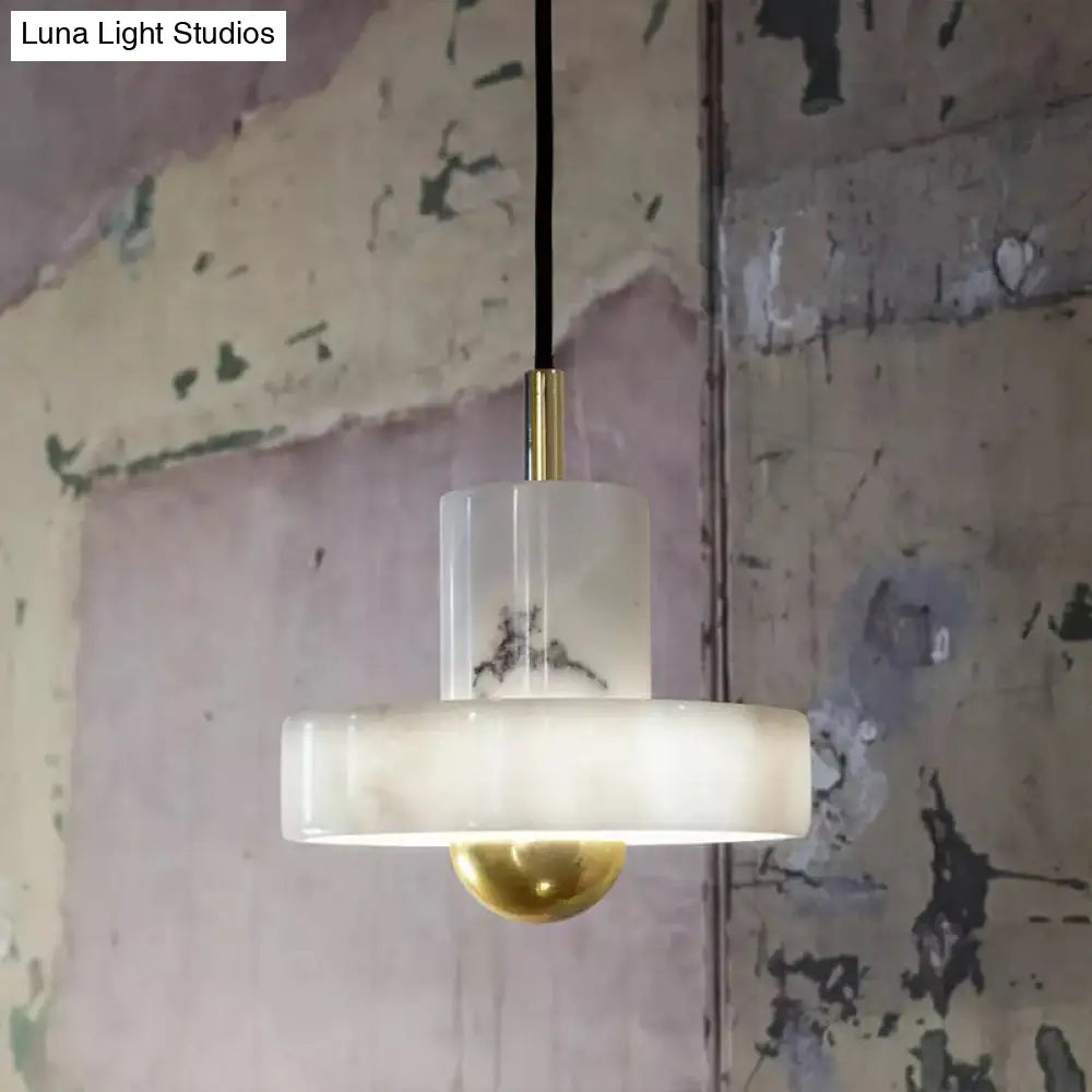 Minimalist Pot-Lid Pendant Marble Dining Room Light In White/Brass - 1-Bulb Suspension