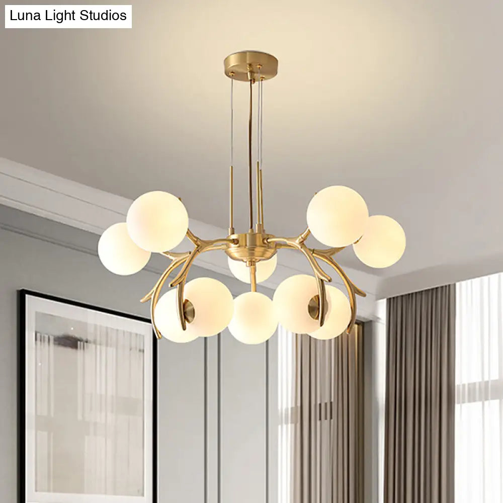 Modern Brass Pendant Chandelier With Antler Arm - White Glass 10-Bulb Sphere Design For Bedroom