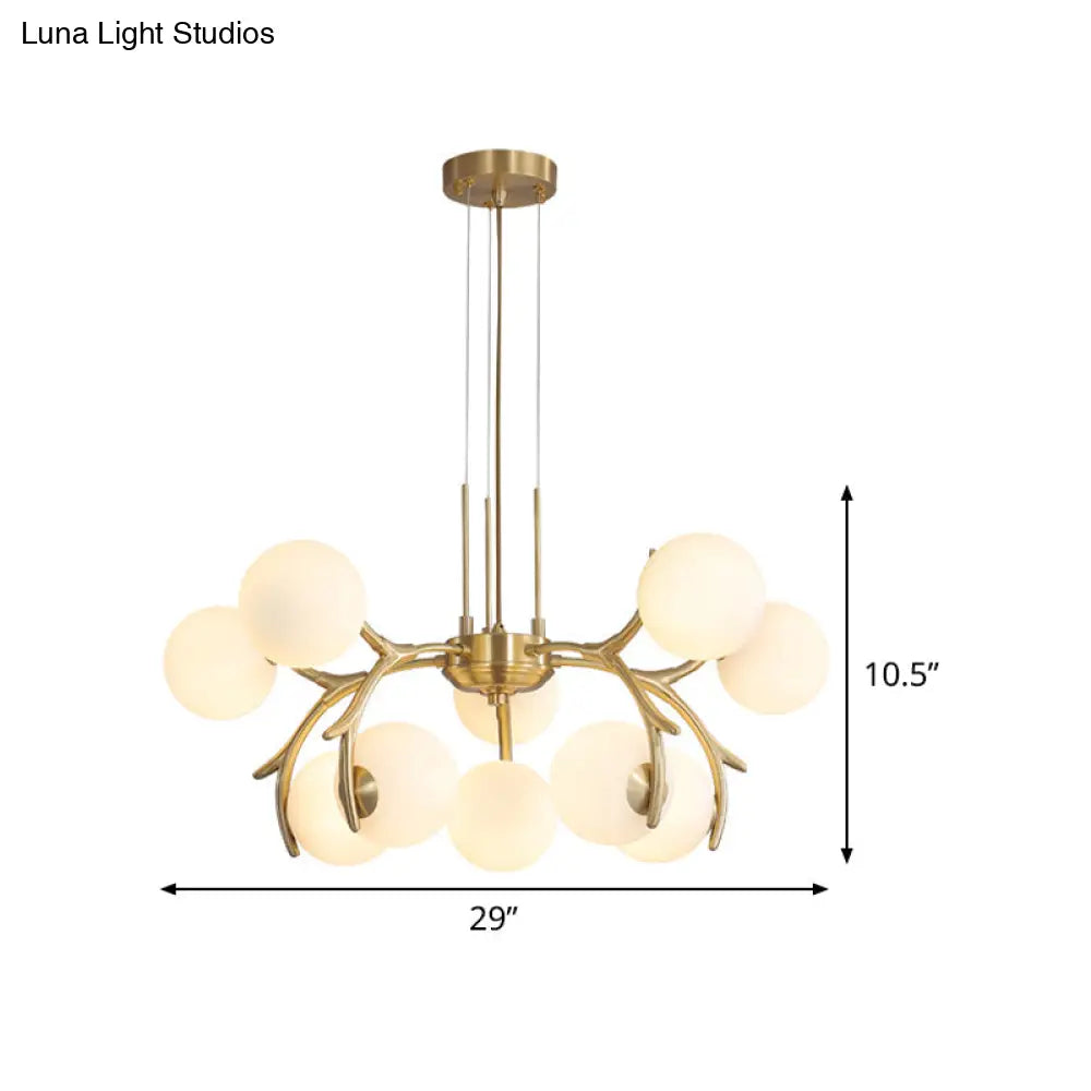 Sleek Modern Brass Pendant Chandelier With 10 White Glass Bulbs For Bedroom Ceiling - Antler Arm