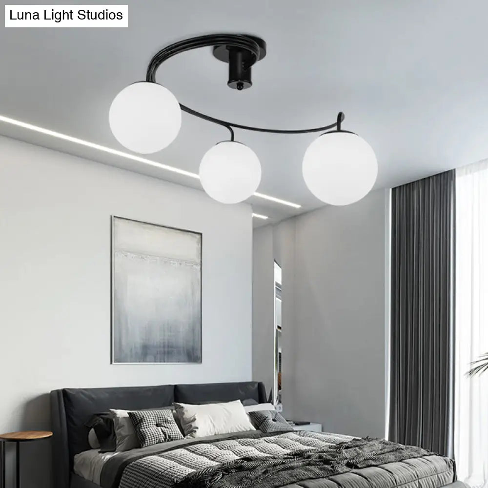 Sleek Modernist Milk Glass 3-Head Black Ceiling Mount Light For Bedroom - Globe Semi Flush Fixture