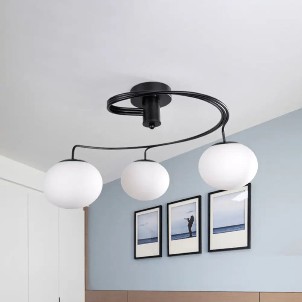 Sleek Modernist Milk Glass 3-Head Black Ceiling Mount Light For Bedroom - Globe Semi Flush Fixture