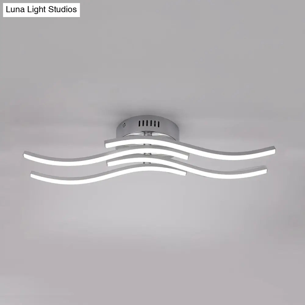 Sleek Nickel Finish 4-Wavy Linear Semi Flush Mount Led Ceiling Light For Bedroom - Warm/White Glow