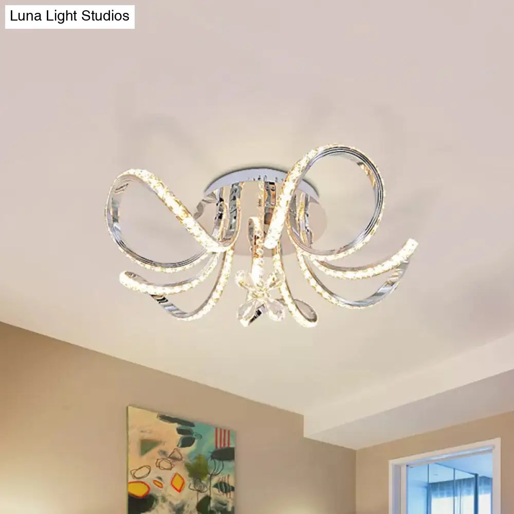 Sleek Nickel Led Curved Hoop Ceiling Light With Faceted Crystal Semi Flush Mount In Warm/White