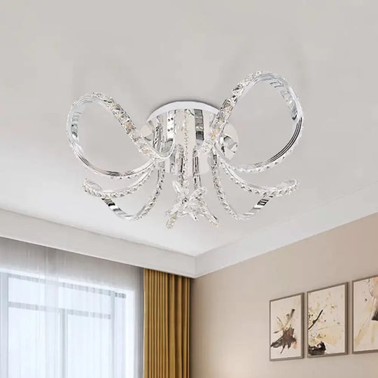 Sleek Nickel Led Curved Hoop Ceiling Light With Faceted Crystal Semi Flush Mount In Warm/White /