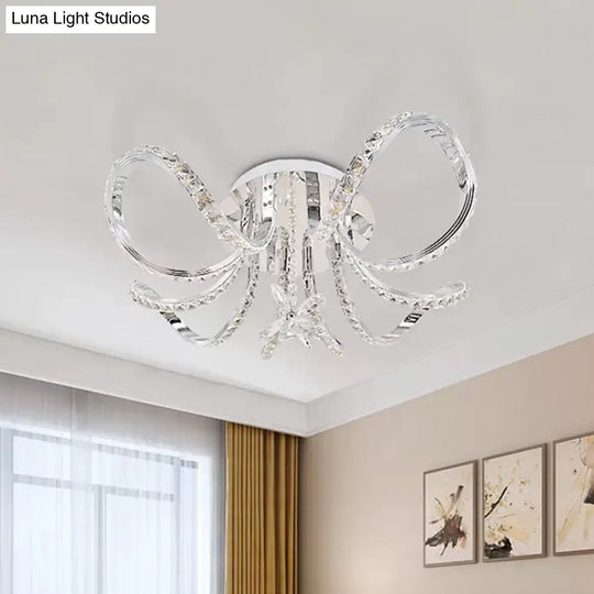 Sleek Nickel Led Curved Hoop Ceiling Light With Faceted Crystal Semi Flush Mount In Warm/White /