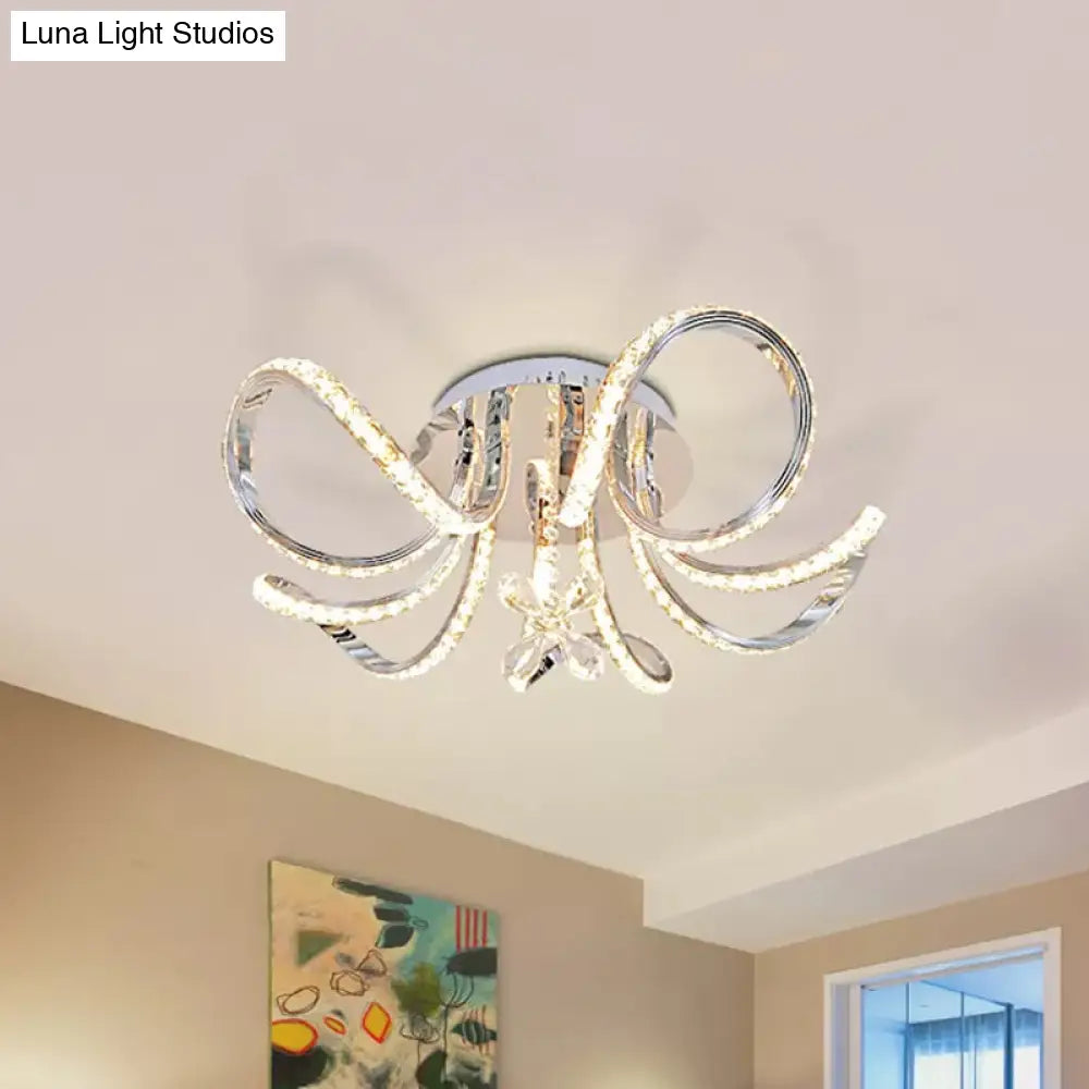 Sleek Nickel Led Curved Hoop Ceiling Light With Faceted Crystal Semi Flush Mount In Warm/White