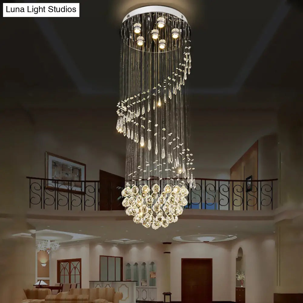 Sleek Nickel Spiral Flushmount Lighting With Crystal Ball Accents - 6 Lights Flush Light Fixture