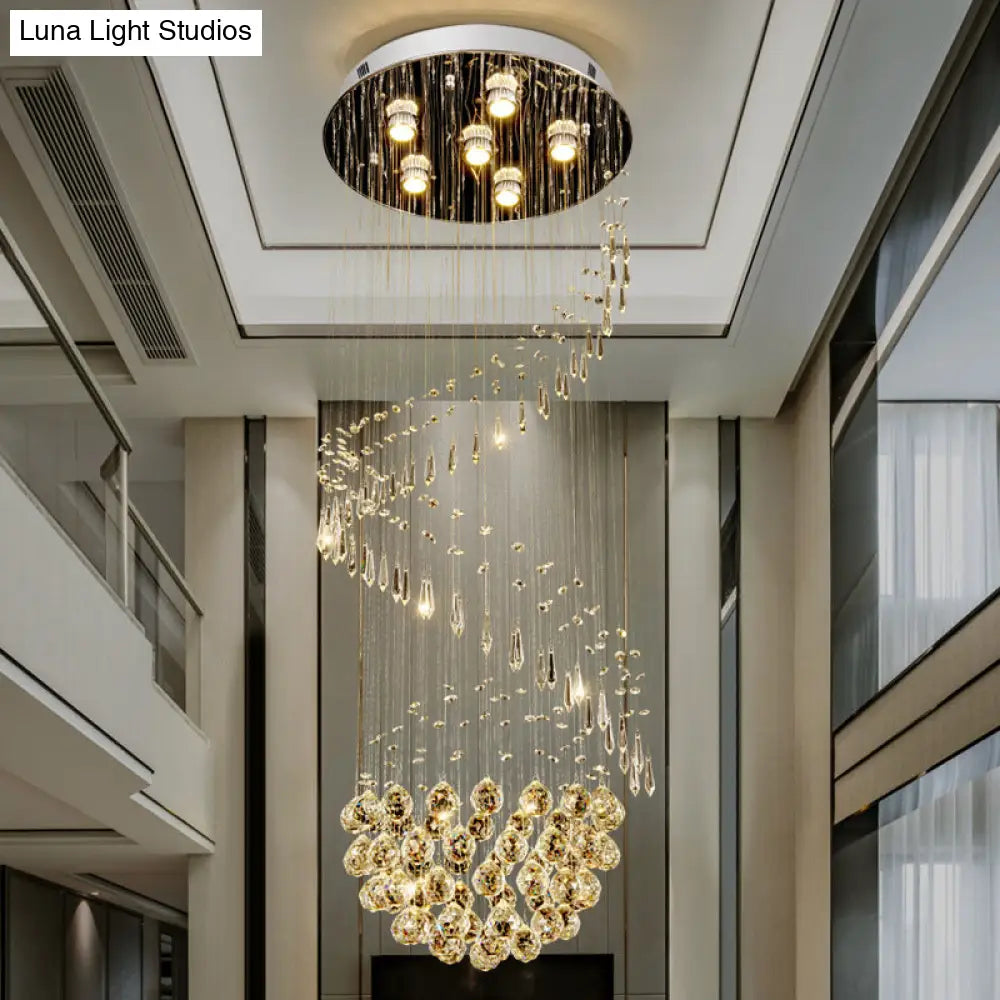 Sleek Nickel Spiral Flushmount Lighting With Crystal Ball Accents - 6 Lights Flush Light Fixture