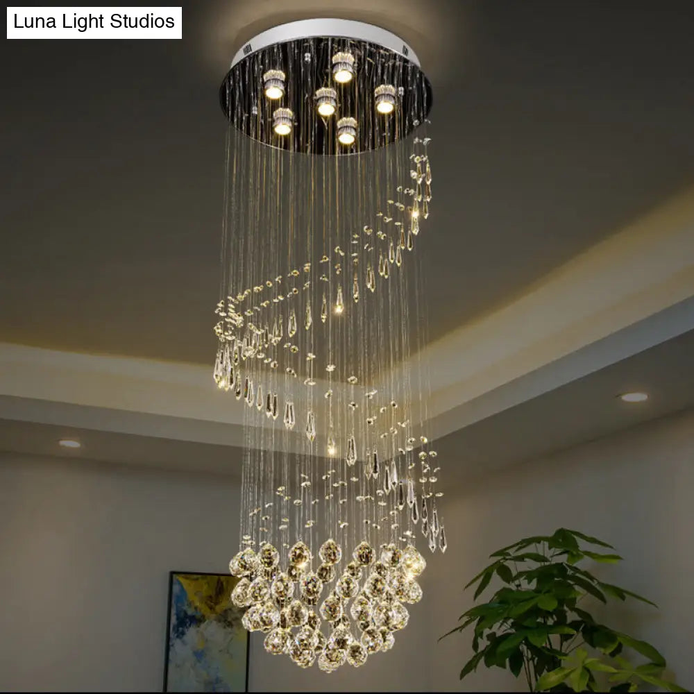 Sleek Nickel Spiral Flushmount Lighting With Crystal Ball Accents - 6 Lights Flush Light Fixture