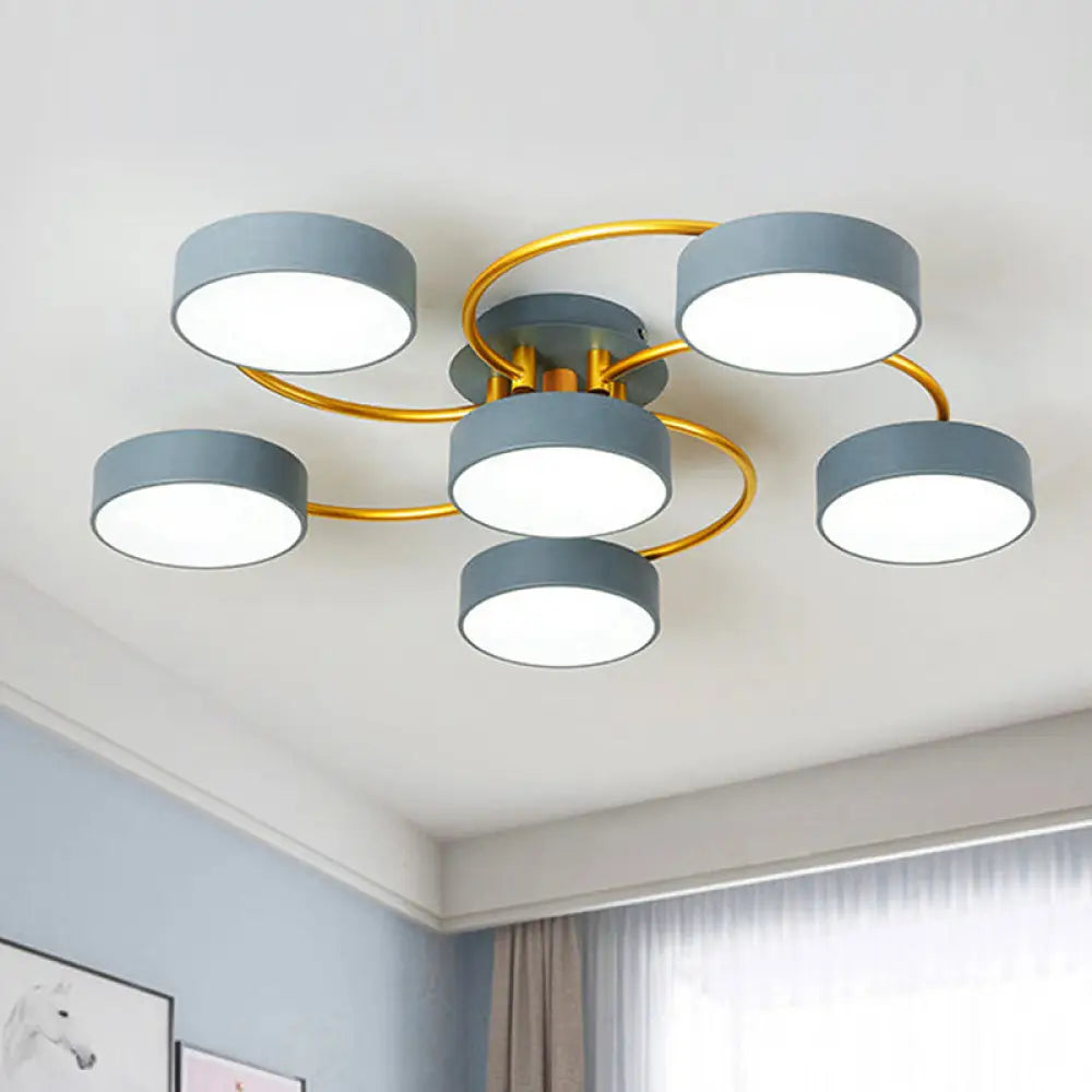 Sleek Nordic Grey Led Ceiling Lamp With Gold Spiral Arm - Small Drum Iron Semi Flush Light Fixture