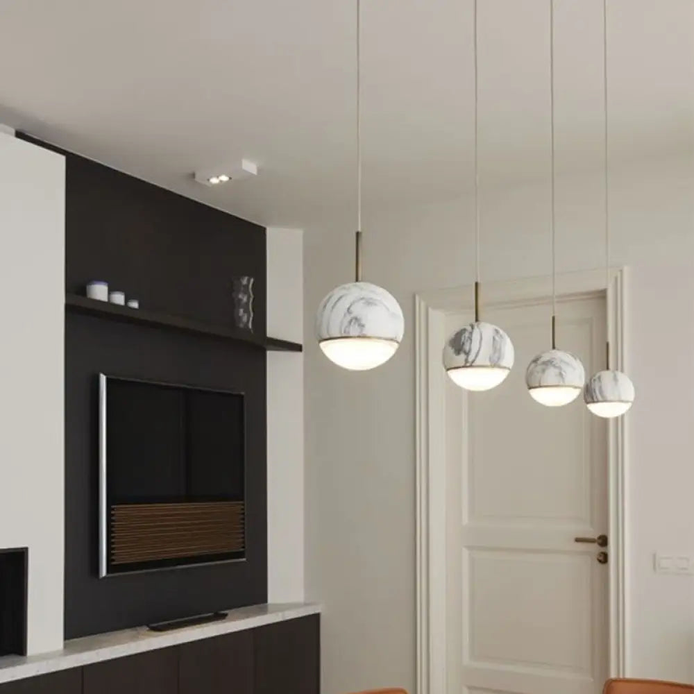 Sleek Nordic Pendant Light With Marble Accent - Spherical Dining Room Hanging Lamp (1 Bulb