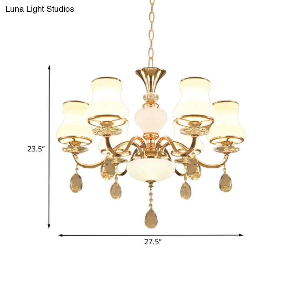 Sleek Opal Glass 6-Light Bedroom Crystal Chandelier – Champagne Bell Design