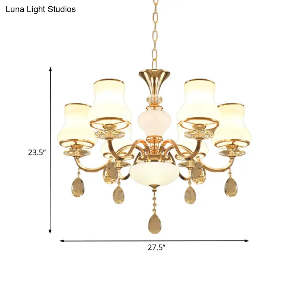 Sleek Opal Glass 6-Light Crystal Ceiling Light - Champagne Bell Hanging Chandelier For Bedrooms