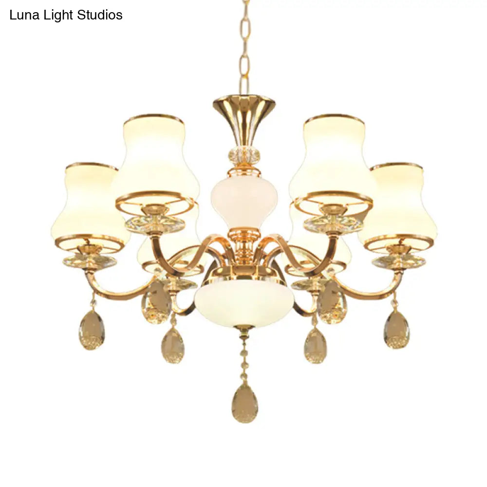 Sleek Opal Glass 6-Light Crystal Ceiling Light - Champagne Bell Hanging Chandelier For Bedrooms