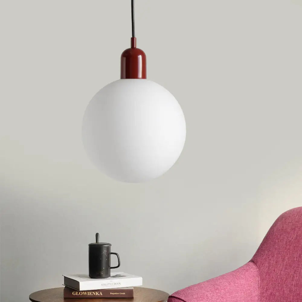 Sleek Opal Glass Drop Pendant Ceiling Light With Colorful Cap - 1-Light Hanging Design Red