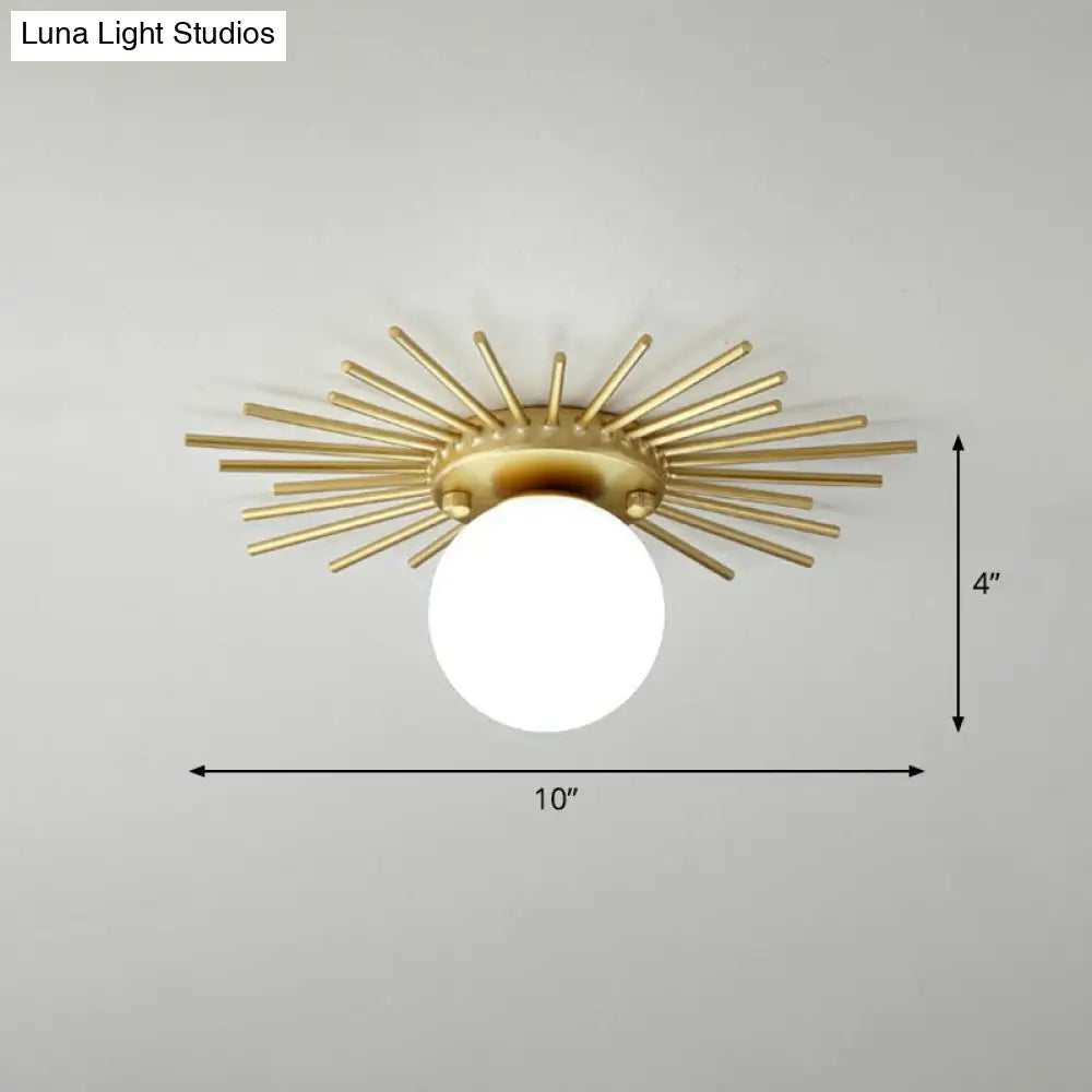 Sleek Opal Glass Semi-Flush Mount Ceiling Light For Foyer - Golden Sunburst Design