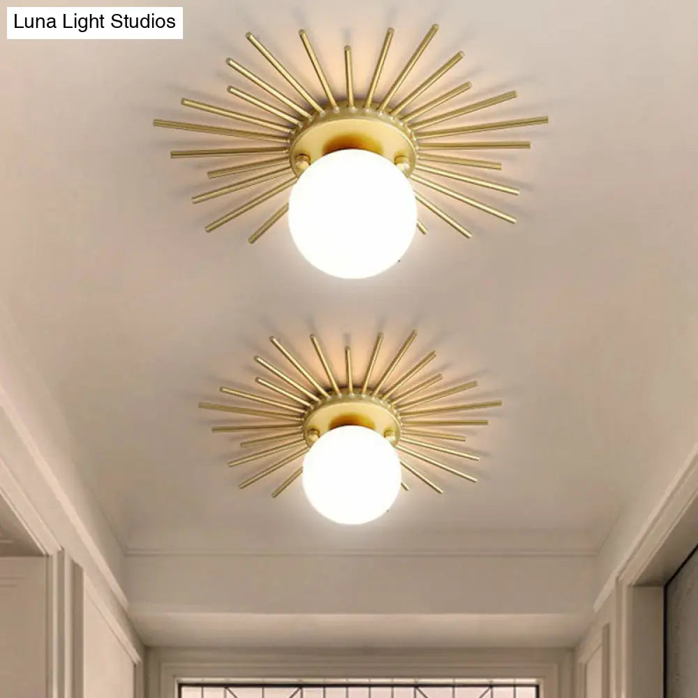 Sleek Opal Glass Semi-Flush Mount Ceiling Light For Foyer - Golden Sunburst Design