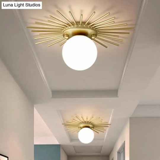 Sleek Opal Glass Semi-Flush Mount Ceiling Light For Foyer - Golden Sunburst Design