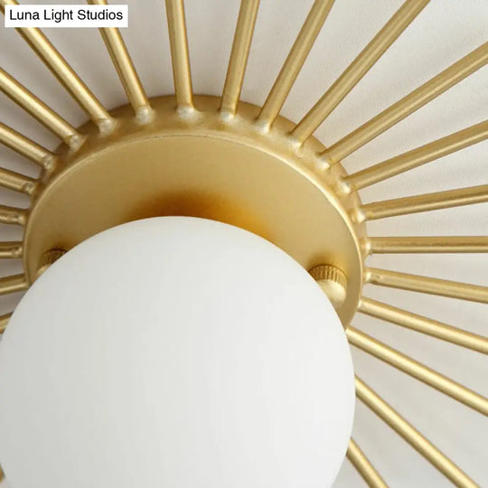 Sleek Opal Glass Semi-Flush Mount Ceiling Light For Foyer - Golden Sunburst Design