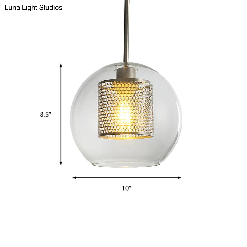 Sleek Orb Pendant Light With Mesh Cylinder Shade - Ideal Glass Hanging Lamp For Hallways