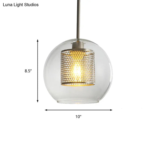 Sleek Orb Pendant Light With Mesh Cylinder Shade - Ideal Glass Hanging Lamp For Hallways