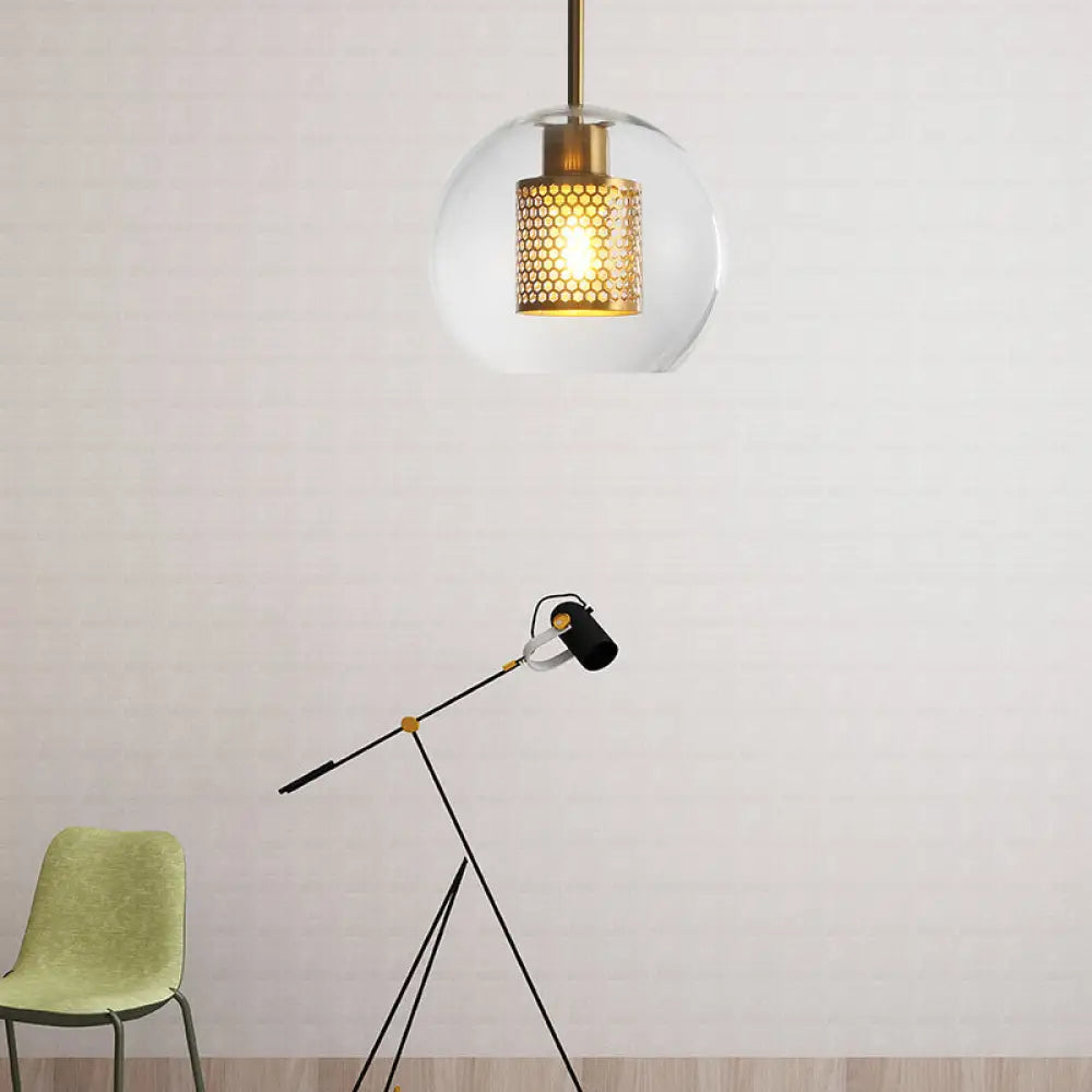 Sleek Orb Pendant Light With Mesh Cylinder Shade - Ideal Glass Hanging Lamp For Hallways Bronze / 8’