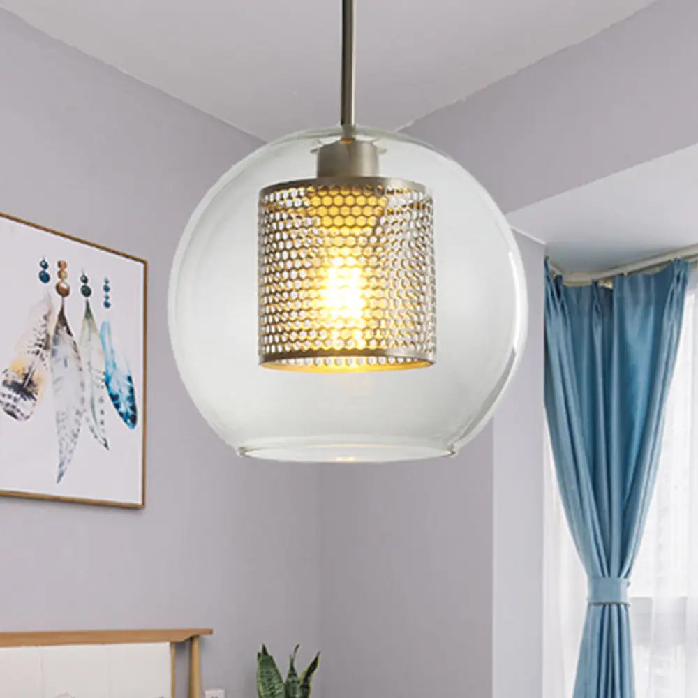 Sleek Orb Pendant Light With Mesh Cylinder Shade - Ideal Glass Hanging Lamp For Hallways Chrome / 8’