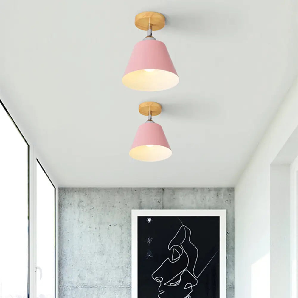 Sleek Pink/Gray Cone Semi Flush Mount Lighting For Modernist Balcony - Metal 1 Light Pink
