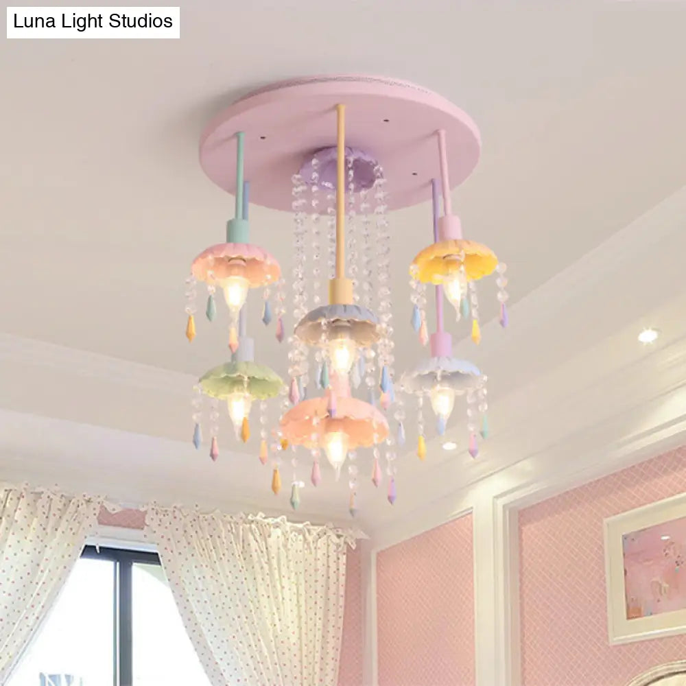 Sleek Pink Semi-Flush Mount Ceiling Light With Crystal Drop - Macaron Metal 7-Light Fixture For