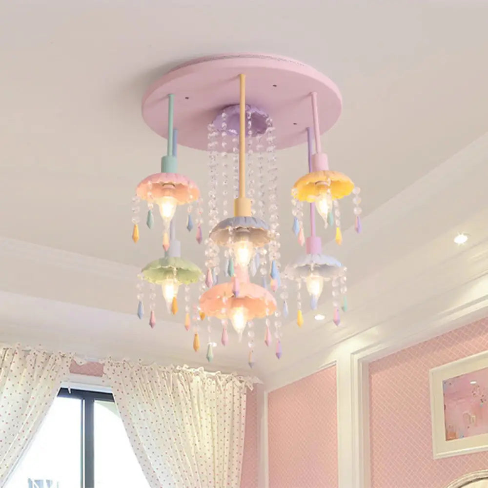 Sleek Pink Semi - Flush Mount Ceiling Light With Crystal Drop - Macaron Metal 7 - Light Fixture For