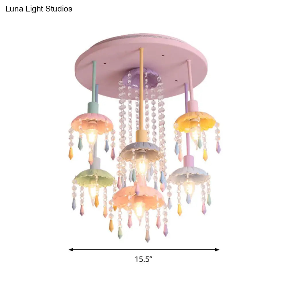 Sleek Pink Semi - Flush Mount Ceiling Light With Crystal Drop - Macaron Metal 7 - Light Fixture For