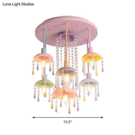 Sleek Pink Semi - Flush Mount Ceiling Light With Crystal Drop - Macaron Metal 7 - Light Fixture For