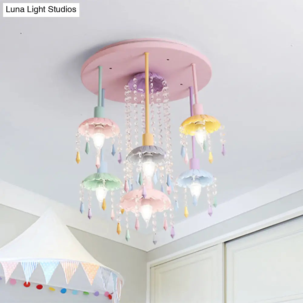 Sleek Pink Semi - Flush Mount Ceiling Light With Crystal Drop - Macaron Metal 7 - Light Fixture For