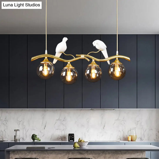 Sleek Postmodern Glass Pendant Light With Twig And Bird Deco - 4-Bulb Ceiling Hanging Fixture