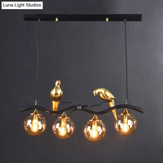 Sleek Postmodern Glass Pendant Light With Twig And Bird Deco - 4-Bulb Ceiling Hanging Fixture