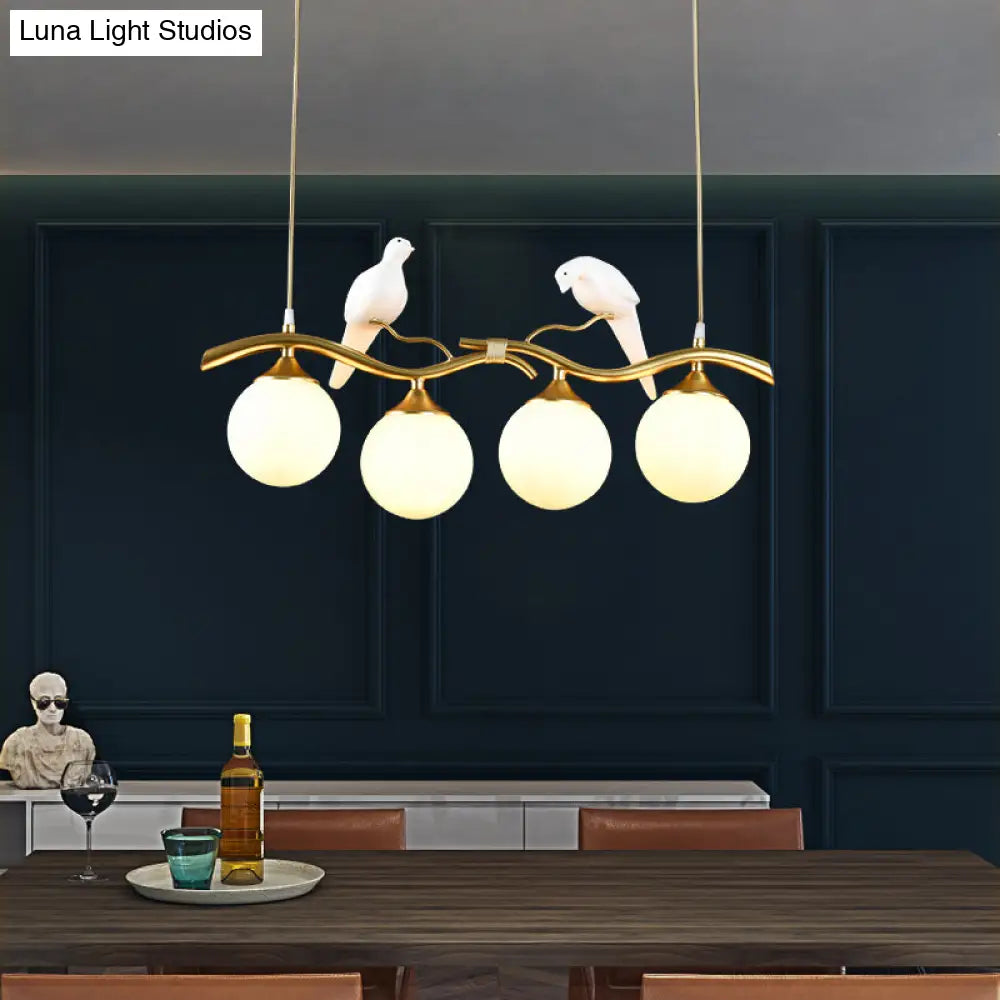 Sleek Postmodern Glass Pendant Light With Twig And Bird Deco - 4-Bulb Ceiling Hanging Fixture