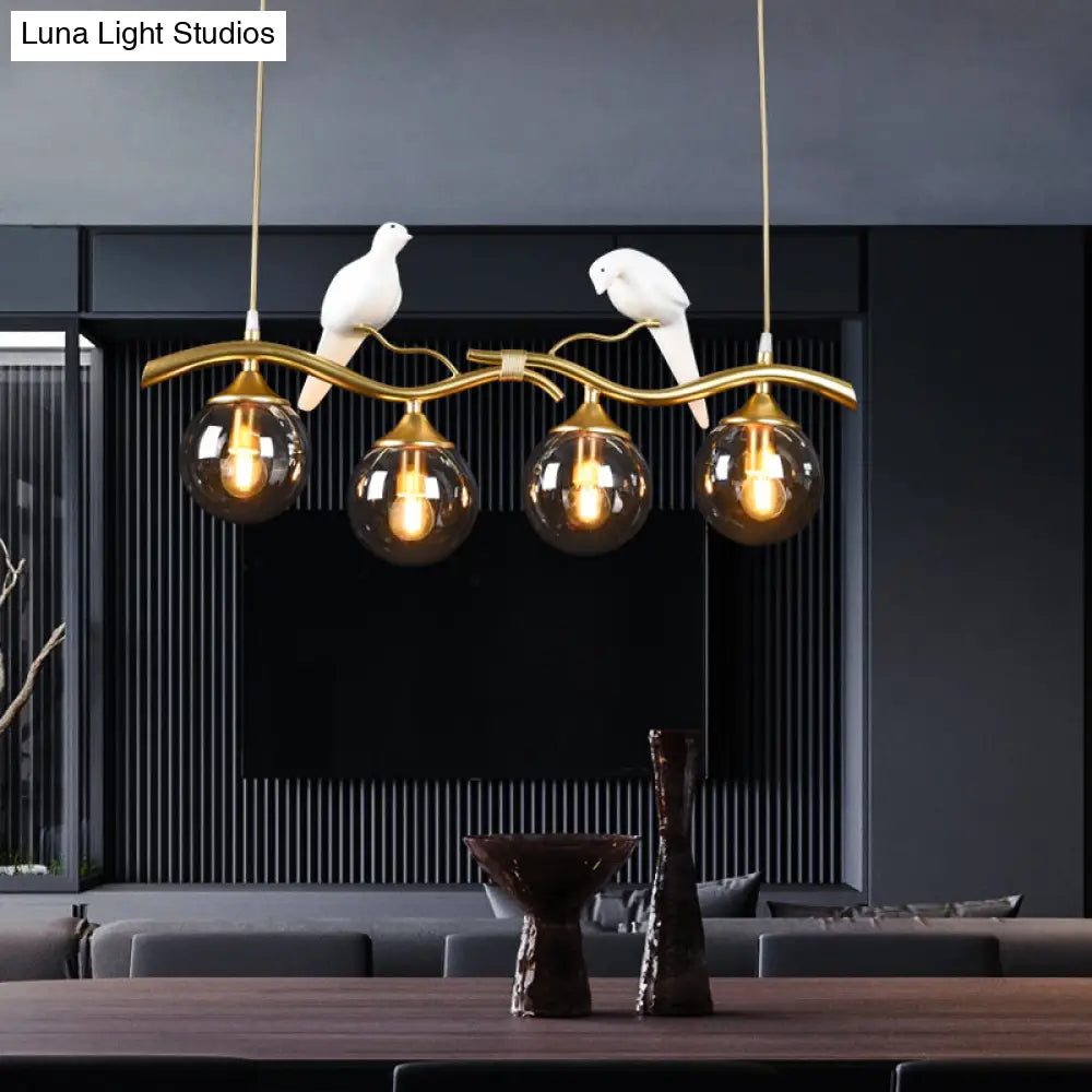 Sleek Postmodern Glass Pendant Light With Twig And Bird Deco - 4-Bulb Ceiling Hanging Fixture