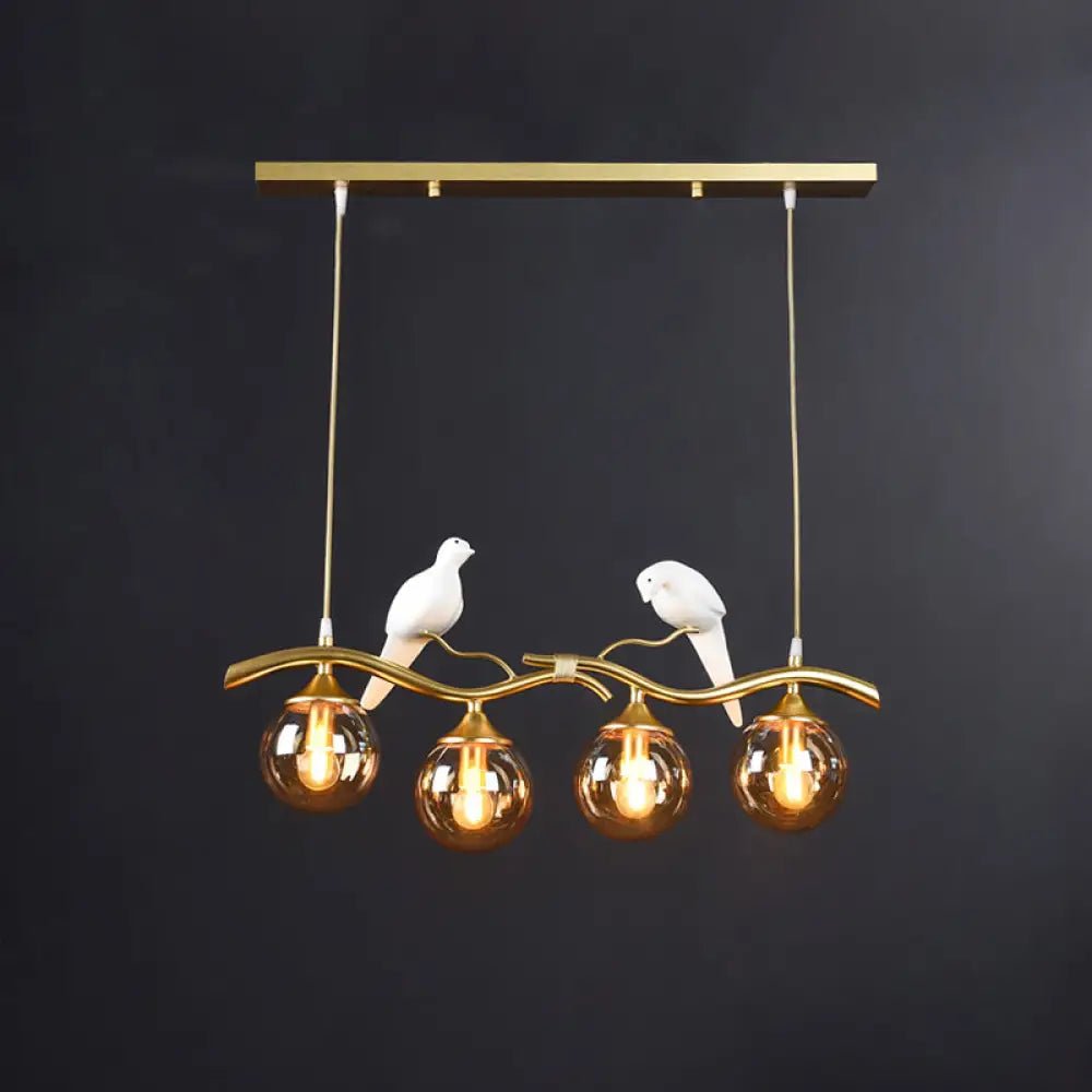 Sleek Postmodern Glass Pendant Light With Twig And Bird Deco - 4-Bulb Ceiling Hanging Fixture Gold /