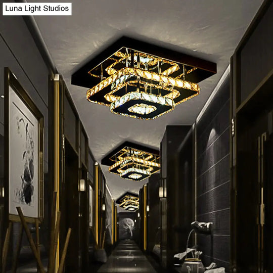 Sleek Quad Crystal Ceiling Light - Modern Stainless Steel Led Flush Mount For Foyer