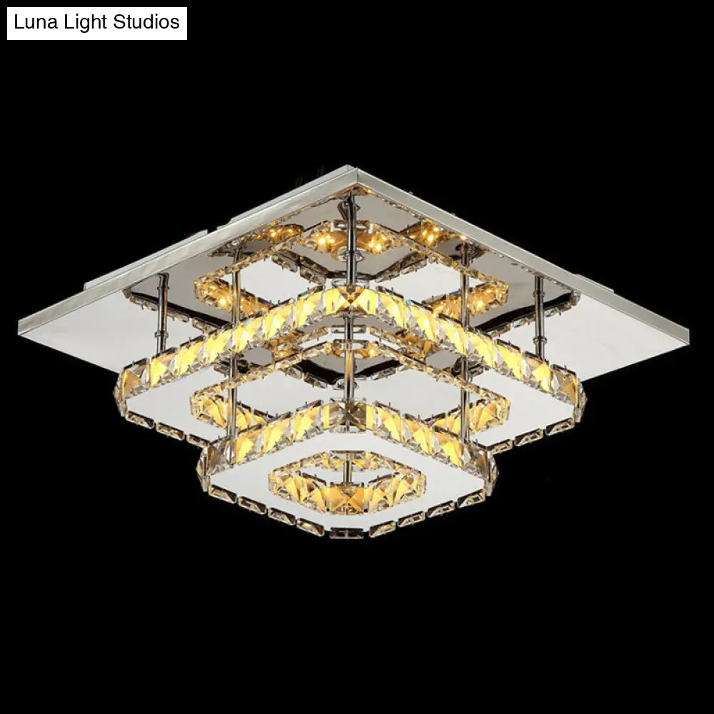 Sleek Quad Crystal Ceiling Light - Modern Stainless Steel Led Flush Mount For Foyer