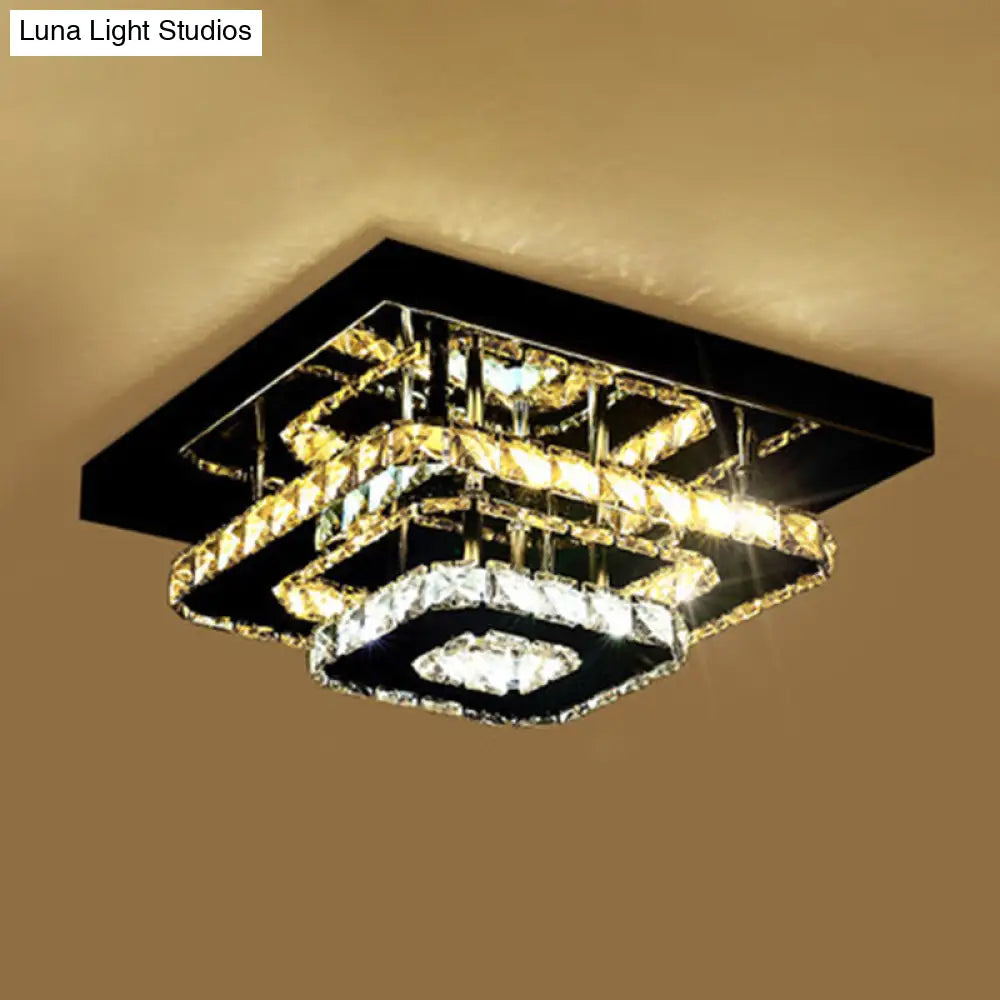 Sleek Quad Crystal Ceiling Light - Modern Stainless Steel Led Flush Mount For Foyer