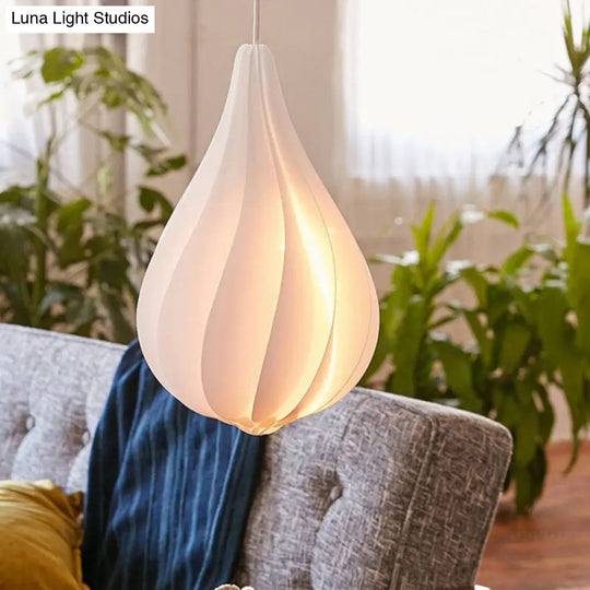 Sleek White Ribbed Pendant Light Kit With Acrylic Droplet Design - Perfect For Sitting Room Or