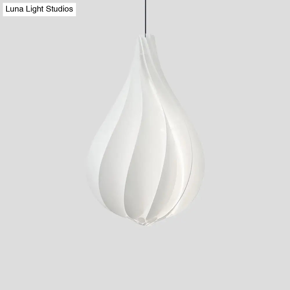 Sleek White Ribbed Pendant Light Kit With Acrylic Droplet Design - Perfect For Sitting Room Or