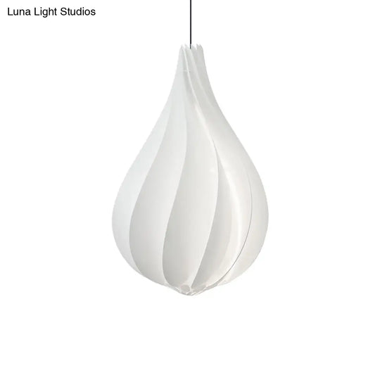 Sleek White Ribbed Pendant Light Kit With Acrylic Droplet Design - Perfect For Sitting Room Or