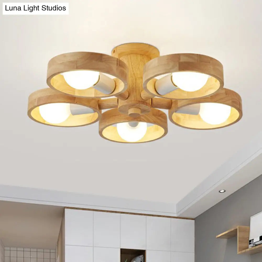 Sleek Ring Shaped Wooden Ceiling Light For Bedroom - Semi Flush Chandelier 5 / Wood