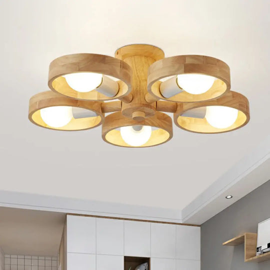 Sleek Ring Shaped Wooden Ceiling Light For Bedroom - Semi Flush Chandelier 5 / Wood